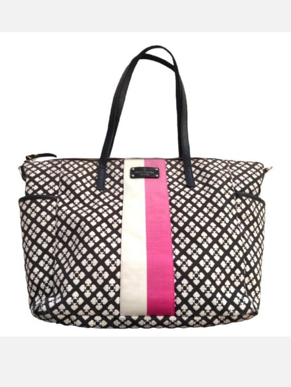 Kate Spade Black & White Spade w/ Pink & Cream Stripe Canvas Tote EUC